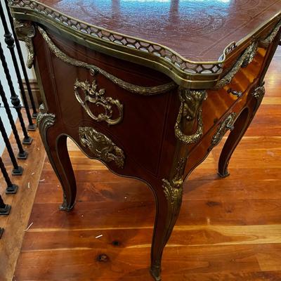 ANTIQUE Wood Inlay with Brass Accent, Small Dresser or Large Night Stand 