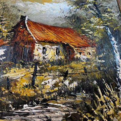 European Cottage in the Forest Painting, Original Framed Oil