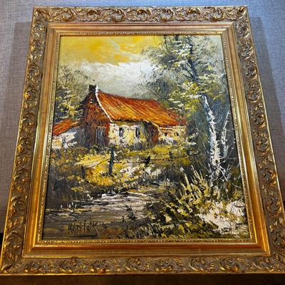 European Cottage in the Forest Painting, Original Framed Oil