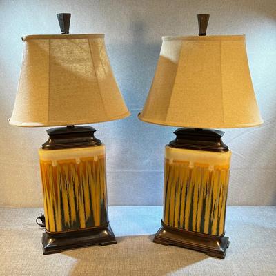 Pair of Drip Golden Rod & Blue LAMPS, Ceramic 