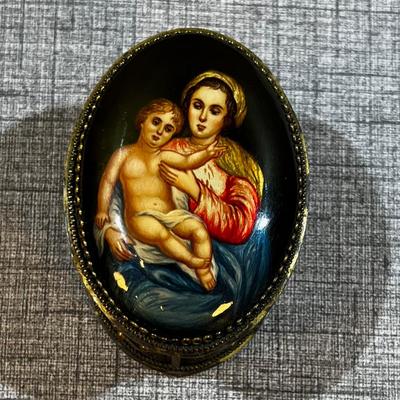 Antique Filigree Hand Painted Enamel Top Box of Madonna and Child 