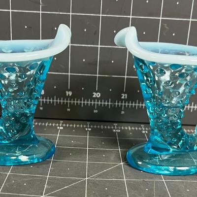 FENTON ART GLASS BLUE OPALESCENT CORNUCOPIA CANDLEHOLDER pair