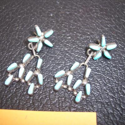 Petite Point Needlepoint Dangle Earrings Turquoise