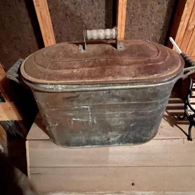 Copper boiler with wood handled lid