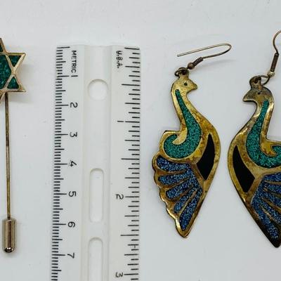 LOT 23R: Turquoise & Silver (Mexico) Peacock Earrings,Matching Avon Necklace & Earrings & More