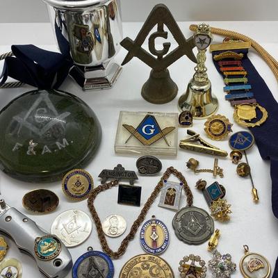 LOT 29C: Large Masonic Collection of Pins, Paperweight, Tie Tacs  and More