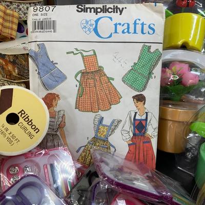 LOT 75R: Crafty Lot: Ribbons, Sewing Kits, Solar Flowers Apron Pattern, 12 x 12 Frames