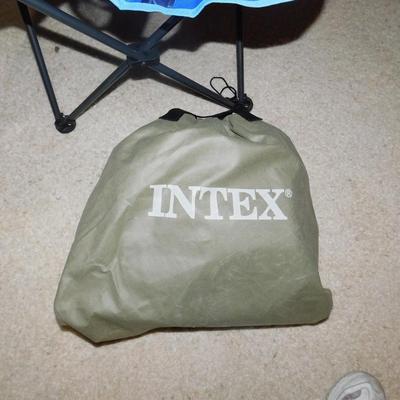 USED 1 TIME FOLDING CHAIR WITH ATTACHED CANOPY AND INTEX TWIN SELF INFLATING AIR MATTRESS