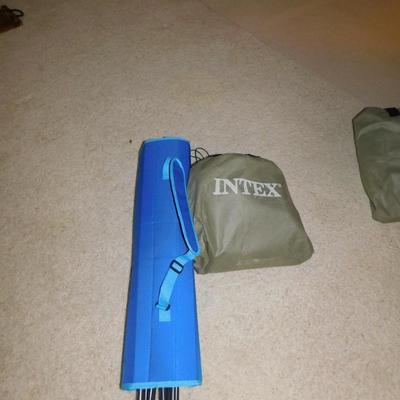 USED 1 TIME FOLDING CHAIR WITH ATTACHED CANOPY AND INTEX TWIN SELF INFLATING AIR MATTRESS
