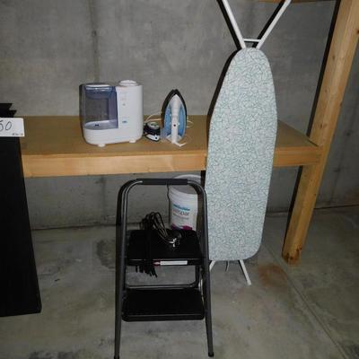IRONING BOARD, TRAVEL STEAM IRON, STEP STOOL, HUMIDIFIER, FULL SIZE IRON AND NICE METAL HANGERS