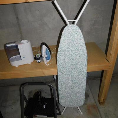 IRONING BOARD, TRAVEL STEAM IRON, STEP STOOL, HUMIDIFIER, FULL SIZE IRON AND NICE METAL HANGERS