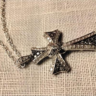 925 16" Unique Diamond and Black Diamond Cross Necklace