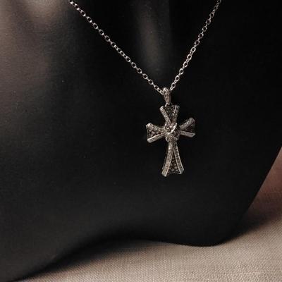 925 16" Unique Diamond and Black Diamond Cross Necklace