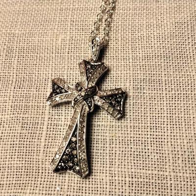 925 16" Unique Diamond and Black Diamond Cross Necklace