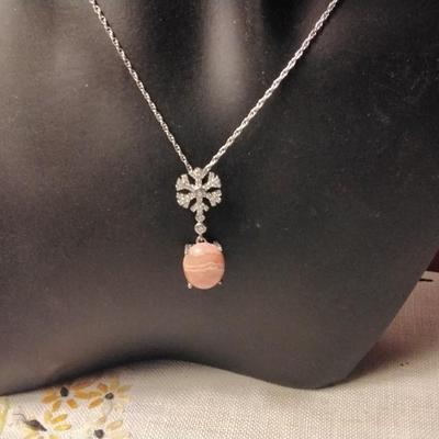 16" 925 Natural Rhodochrosite And Diamond Necklace