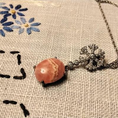 16" 925 Natural Rhodochrosite And Diamond Necklace