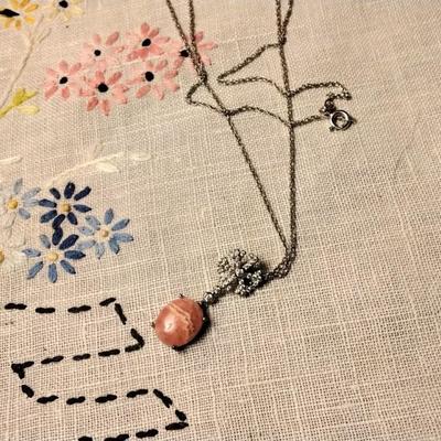 16" 925 Natural Rhodochrosite And Diamond Necklace