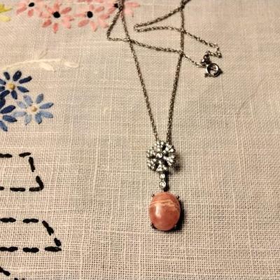 16" 925 Natural Rhodochrosite And Diamond Necklace