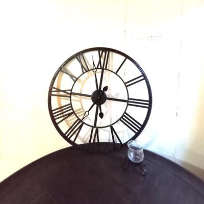BLACK METAL WALL CLOCK AND CANDLE HOLDER