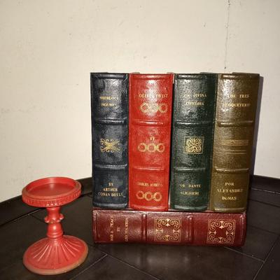 DECORATIVE WOODEN BOOKS WITH DRAWER AND METAL CANDLE HOLDER