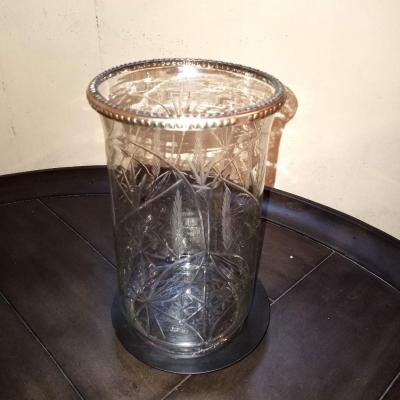 METAL BOWL WITH SPHERES AND ETCHED GLASS CANDLE HOLDER