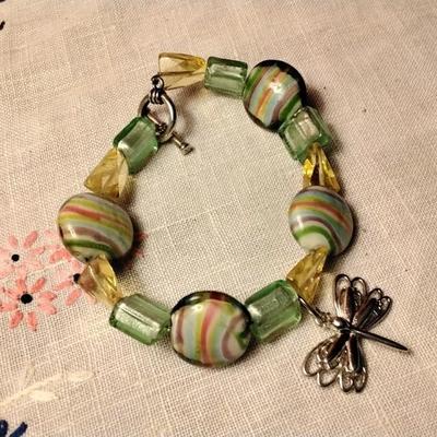 Vintage Dragonfly Blown Glass 925 Bracelet