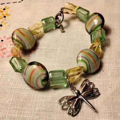 Vintage Dragonfly Blown Glass 925 Bracelet
