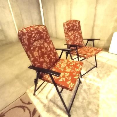TWO FOLDING PATIO CHAIRS AND FOLDING TABLE
