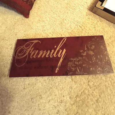FAMILY METAL SIGN-TWO THROW PILLOWS AND METAL BOWL/VASE