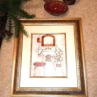 FRAMED PICTURE-BATH ACCESSORIES AND METAL WALL SCONCE