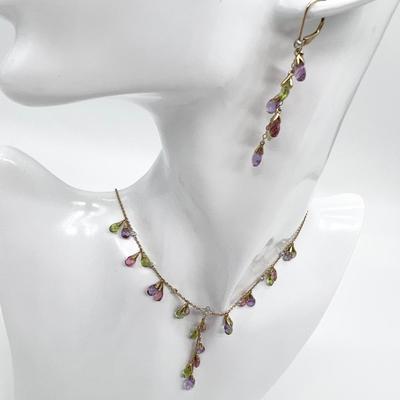 14K YG ~ Multi Stone Lever Back Earrings & 17â€ Necklace Set