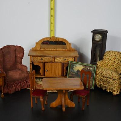 LIVING ROOM GROUPING W/TWO VINTAGE SIDE CHAIRS AND BUFFET/TREADLE SEWING MACHINE