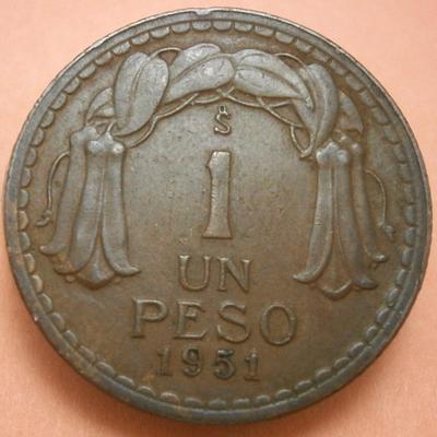 CHILE 1951 Un Peso Copper Coin, 24 mm