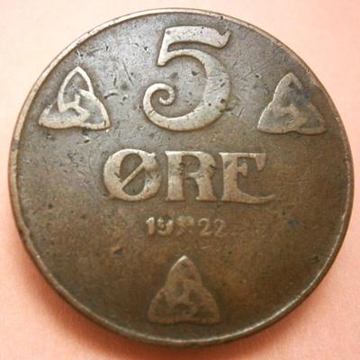 NORWAY 1922 5 ORE Copper Coin