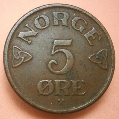 NORWAY 1952 5 ORE Copper Coin, 27 mm