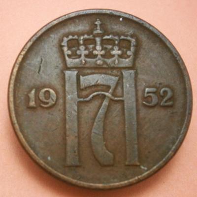 NORWAY 1952 5 ORE Copper Coin, 27 mm