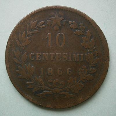 ITALY 1866 10 Centesimi Copper Coin