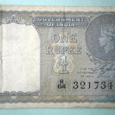 GOVERNMENT OF INDIA 1940 One Rupee Banknote.