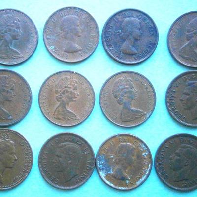 CANADA (12) Old Copper One Cent Coins