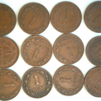 NETHERLANDS (12) Older Copper 1 Cent Coins, duplication