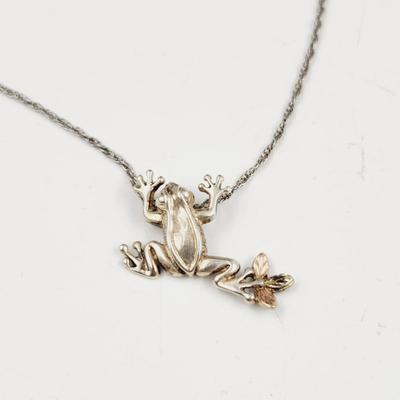 BEAUTIFUL STERLING SILVER FROG W/ 14K CHIPS