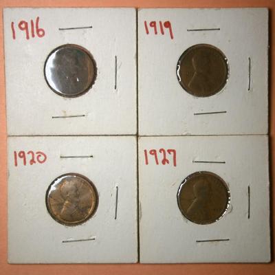 UKNITED STATES 1916, 1919, 1920, & 1927 One Penny Coins