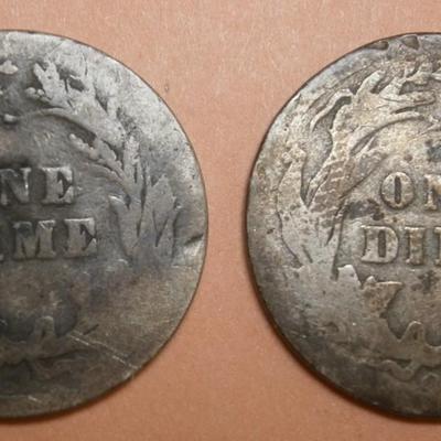 UNITED STATES 1905 & 1908 Silver Barber Dimes