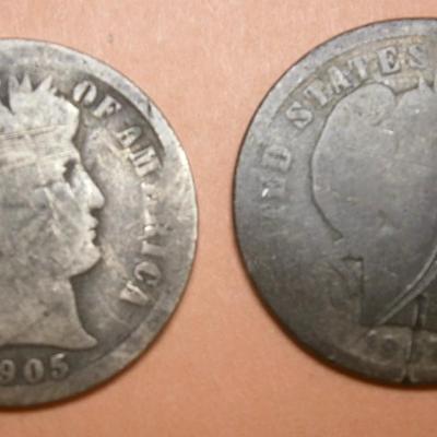 UNITED STATES 1905 & 1908 Silver Barber Dimes