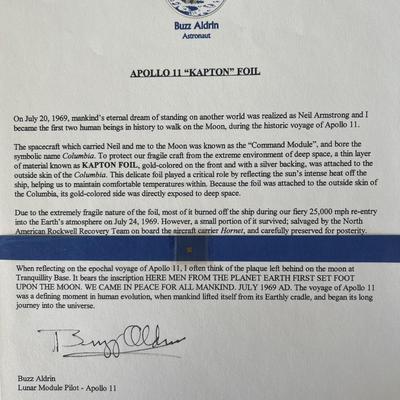 Apollo XI Kapton Foil fragment flown in space signed by Buzz Aldrin. GFA authenticated 