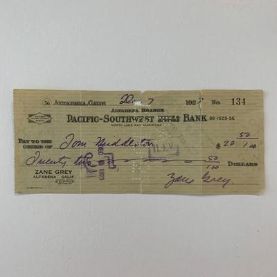 Zane Grey signed check