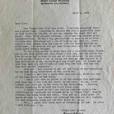 Warner Brothers Humphrey Bogart signed letter. ACE authenticated