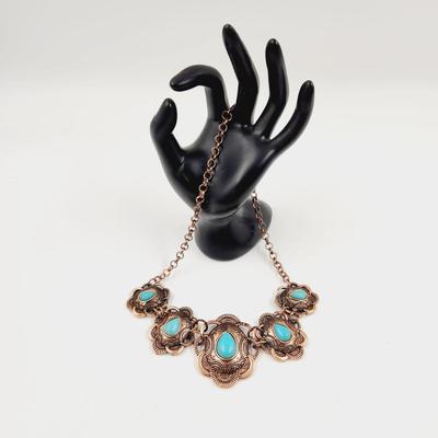 ANTIQUED BRONZE & FAUX TURQUOISE DECORATED NECKLACE