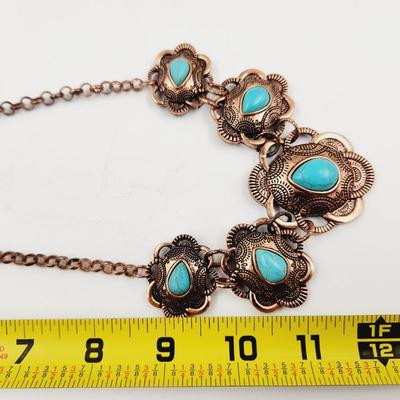 ANTIQUED BRONZE & FAUX TURQUOISE DECORATED NECKLACE