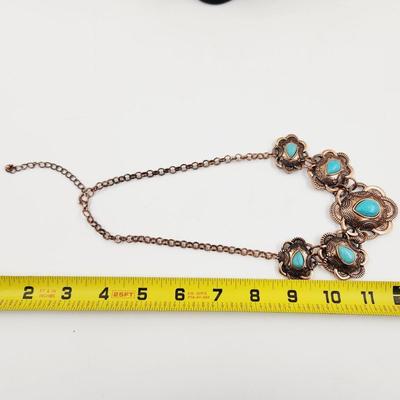 ANTIQUED BRONZE & FAUX TURQUOISE DECORATED NECKLACE